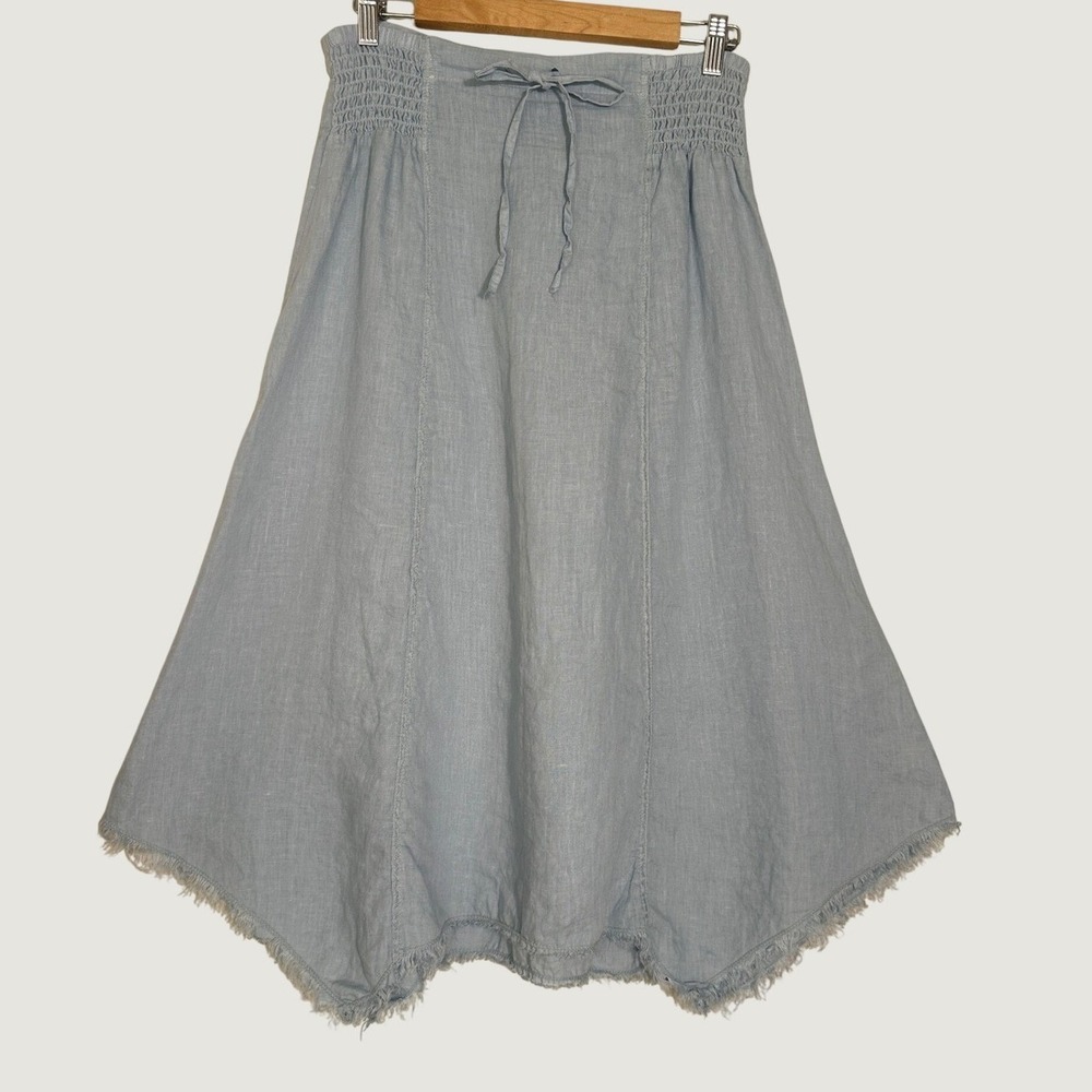XCVI Midi Skirt 100% Linen Small Light Blue Smocked Frayed Hem Earthy Granola